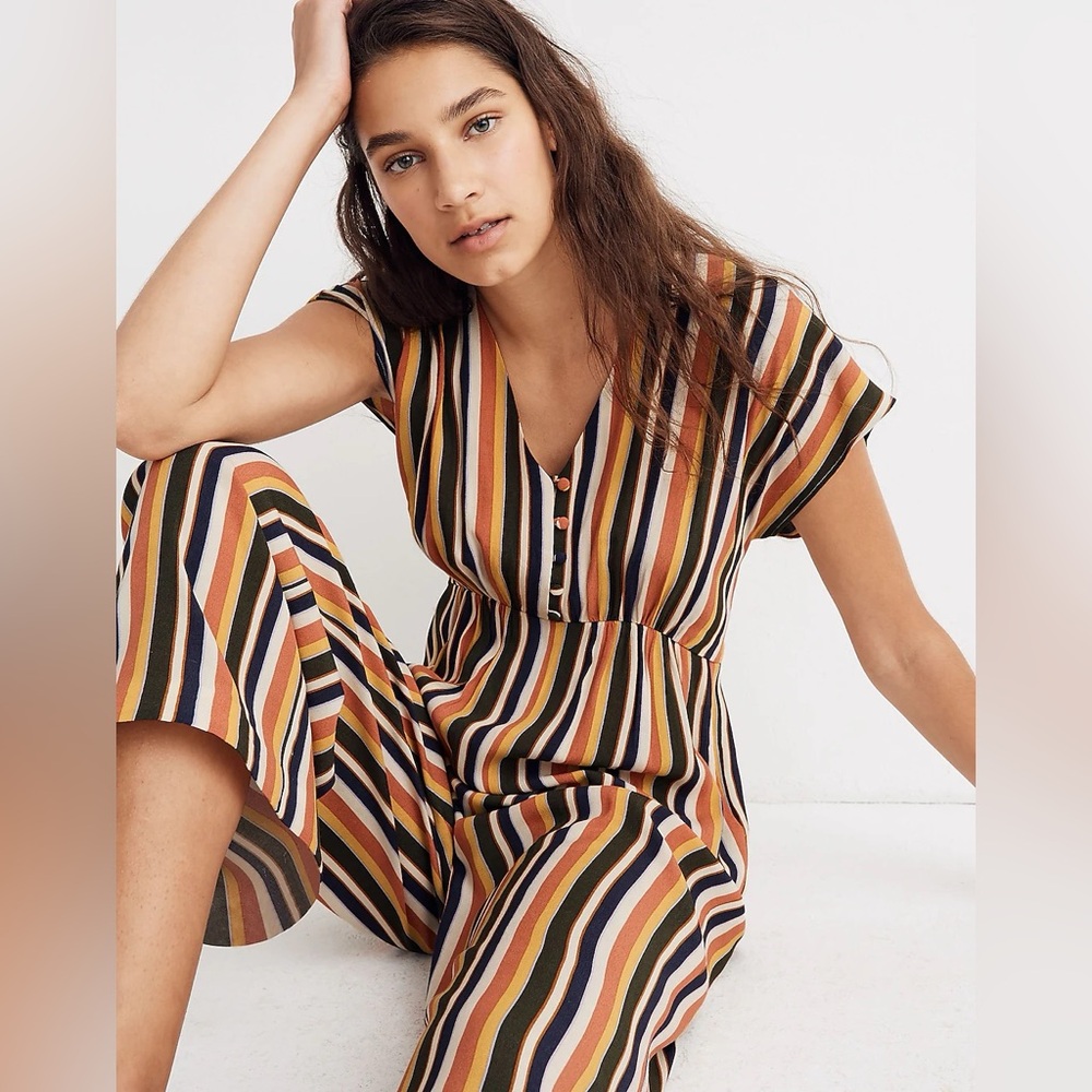 Madewell V-Neck Button-Front Jumpsuit in Rainbow Stripe, Size 12